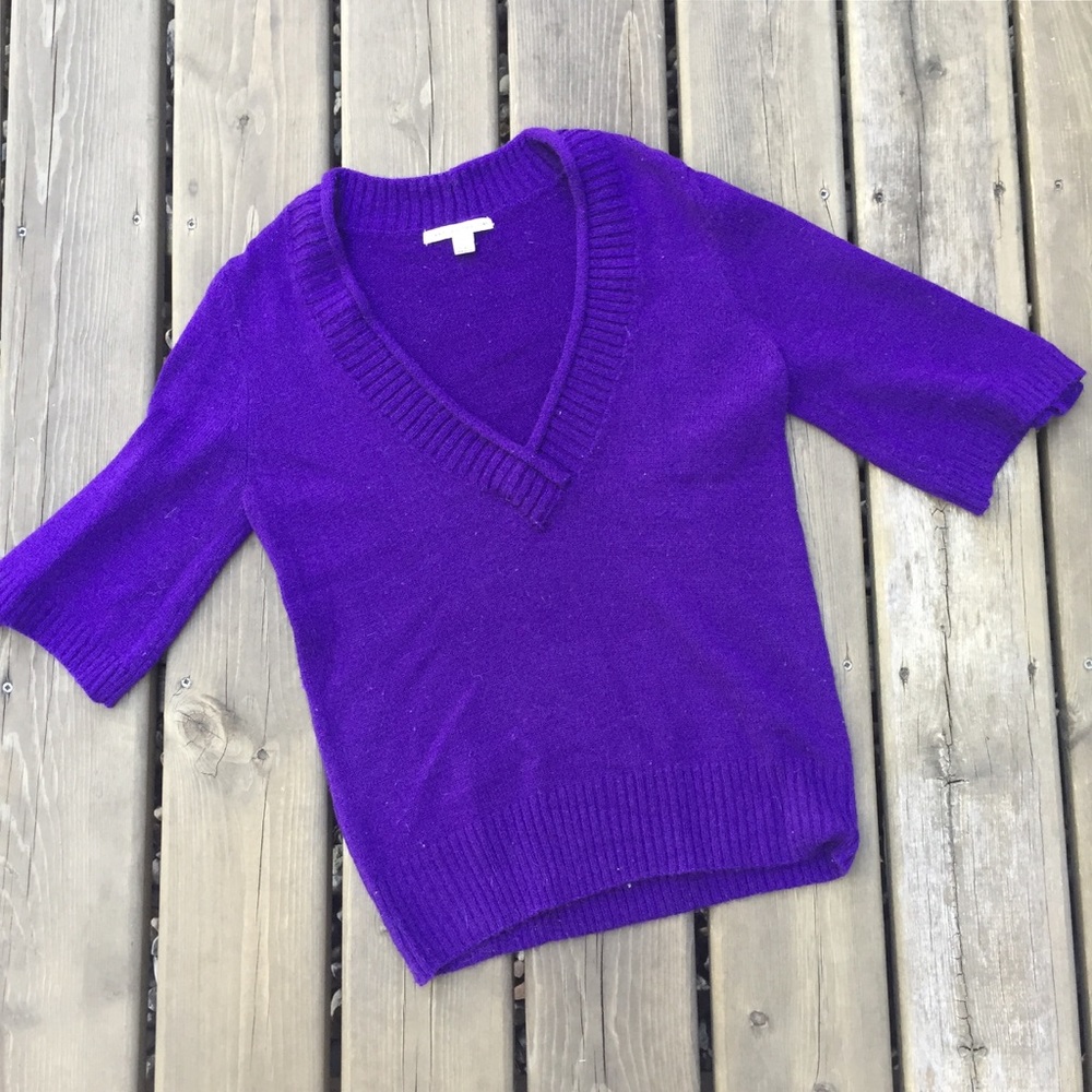 Purple 3/4 Sleeve V-Neck Sweater